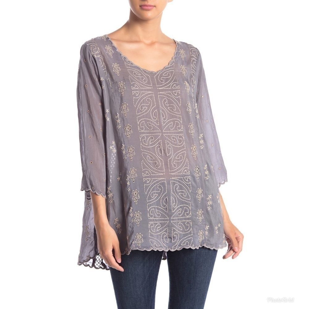 Johnny Was Ridden Embroidered Scallop Trim Blouse